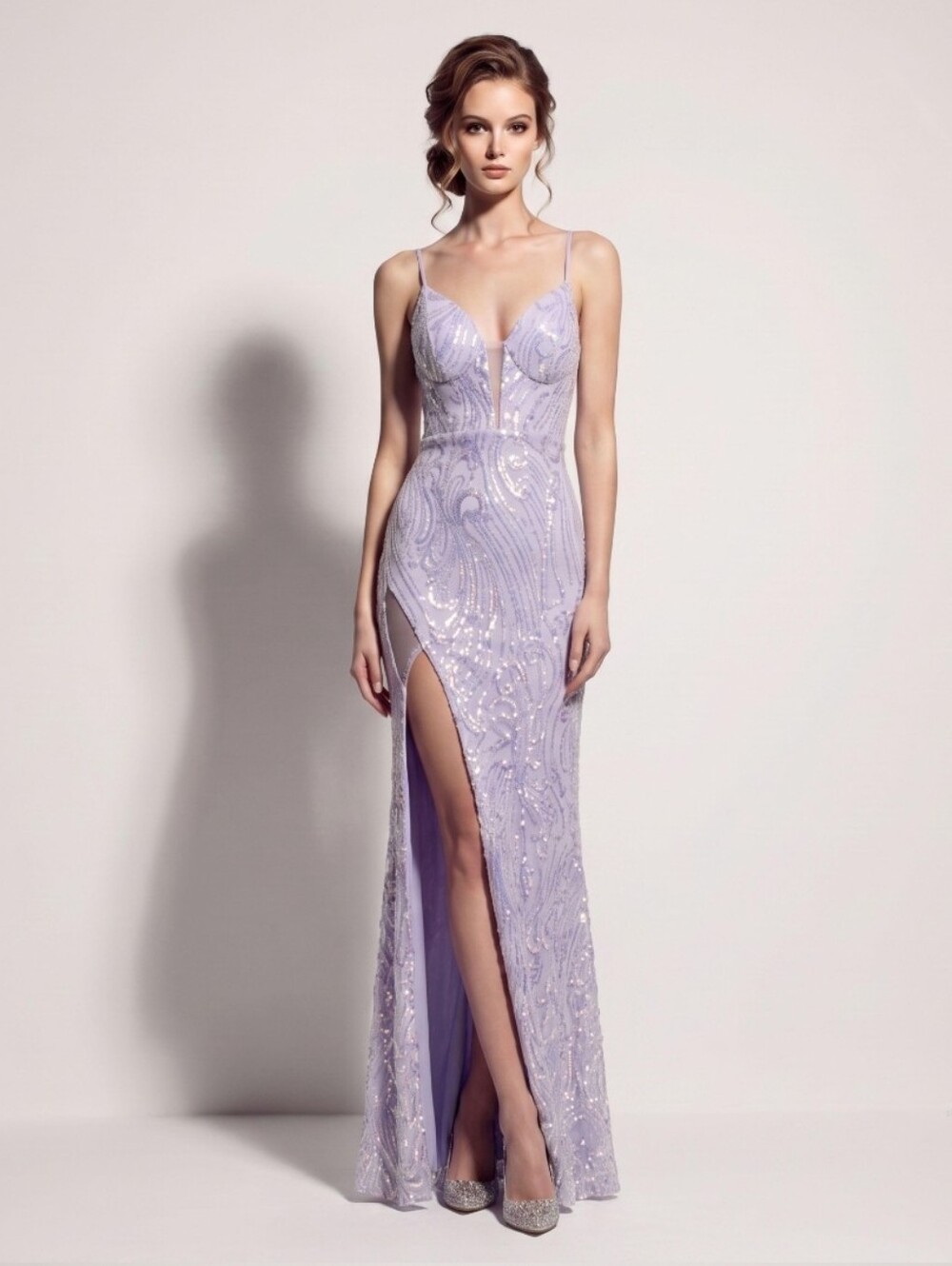 Lilac Sequin Spaghetti-Strap Evening Gown - Picture 3 of 11